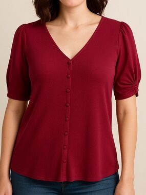 Calvin Klein V-neck short sleeve button front top magenta size medium